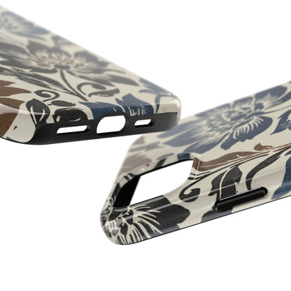 Floral Vintage Tough Phone Case — Blue & Brown Botanical Protection