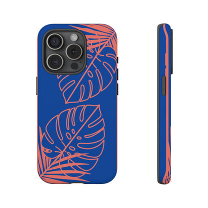 Tropical Monstera Phone Case — Blue & Coral Leaf Protective Cover
