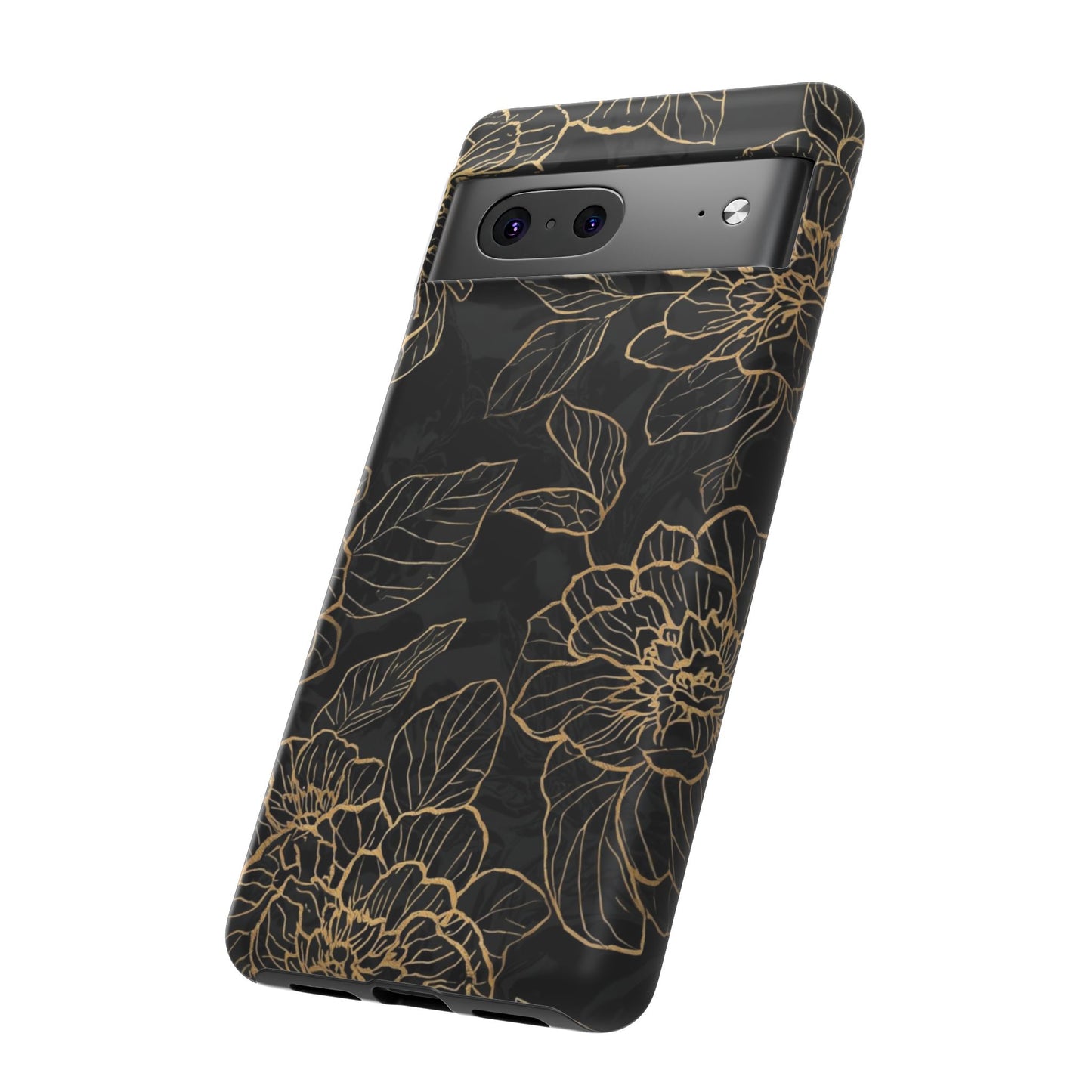 Floral Gold Outline Tough Phone Case – Black Botanical Protective Cover