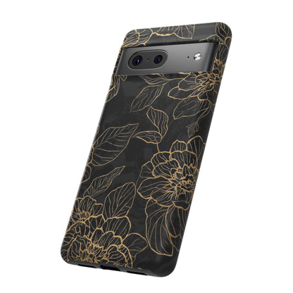 Floral Gold Outline Tough Phone Case – Black Botanical Protective Cover