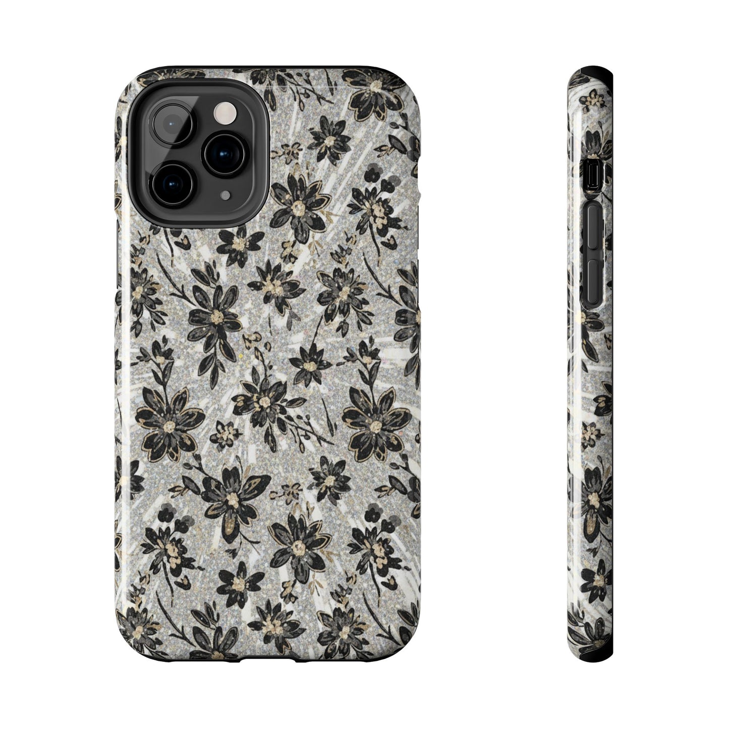 Floral Vintage Tough Phone Case — Black & Gray Rustic Flower Protective Case