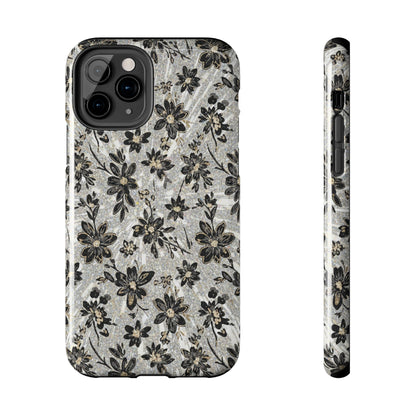 Floral Vintage Tough Phone Case — Black & Gray Rustic Flower Protective Case