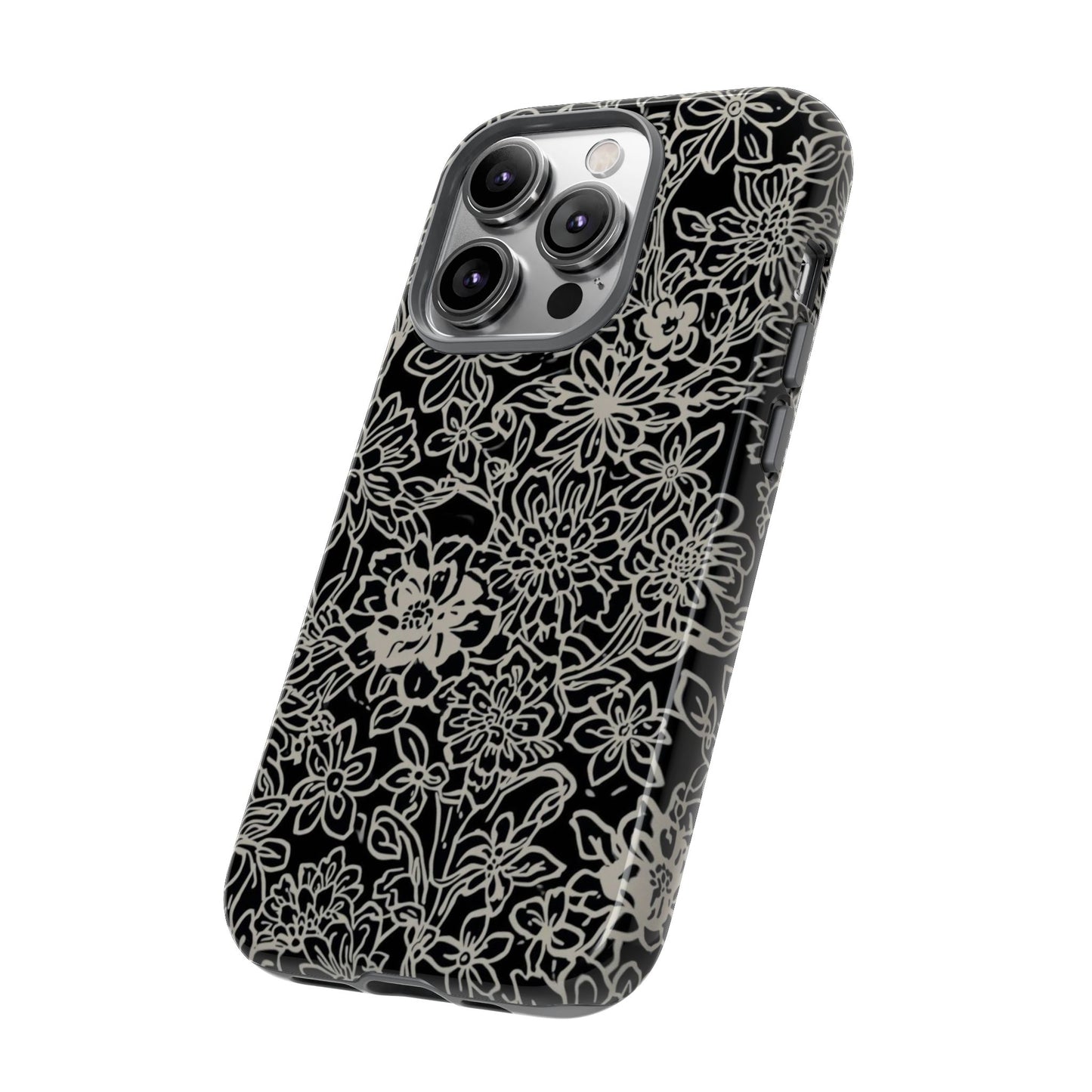 Floral Doodle Tough Phone Case — Black & White Sketch Flower Protective Cover