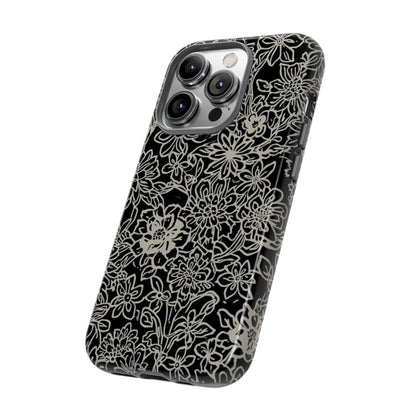 Floral Doodle Tough Phone Case — Black & White Sketch Flower Protective Cover