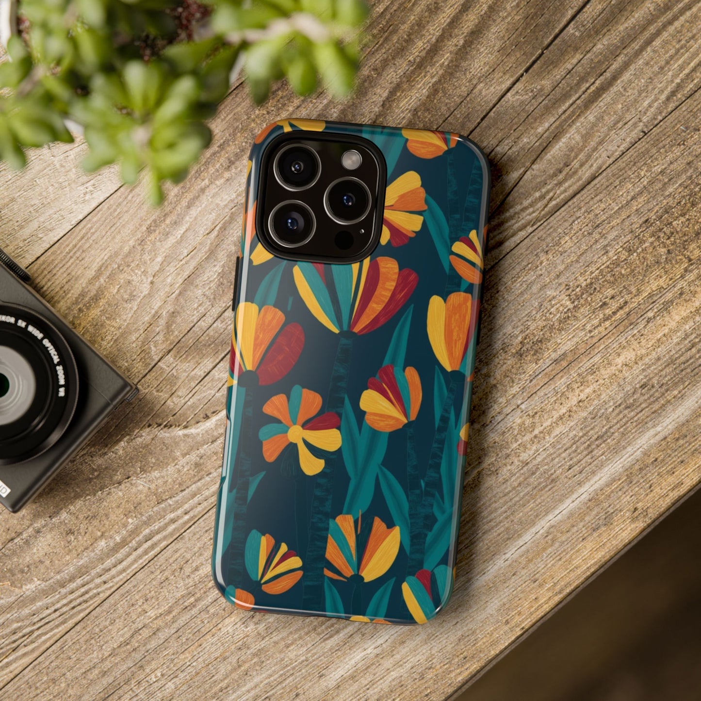 Floral Retro Teal Tough Phone Case — Vibrant Orange & Mustard Blooms