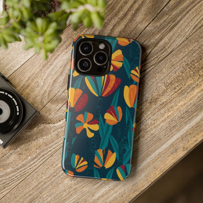 Floral Retro Teal Tough Phone Case — Vibrant Orange & Mustard Blooms