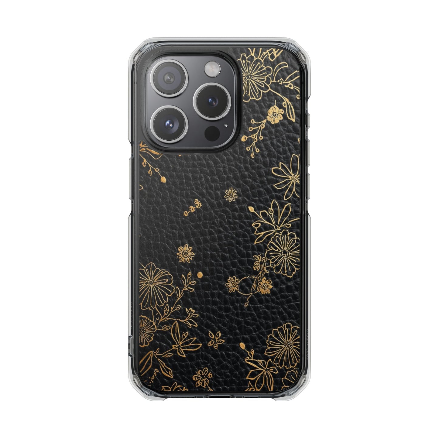Clear Impact Phone Case — Black Leather Texture with Gold Floral Foil