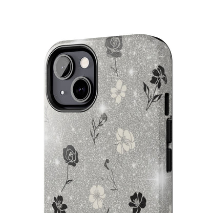 Floral Glitter Tough Phone Case — Black & Silver Vintage Flower Protective Cover