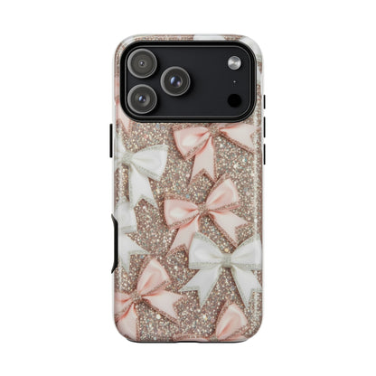 Glitter Bow Tough Phone Case — Pink & White Ribbon Protective Cover