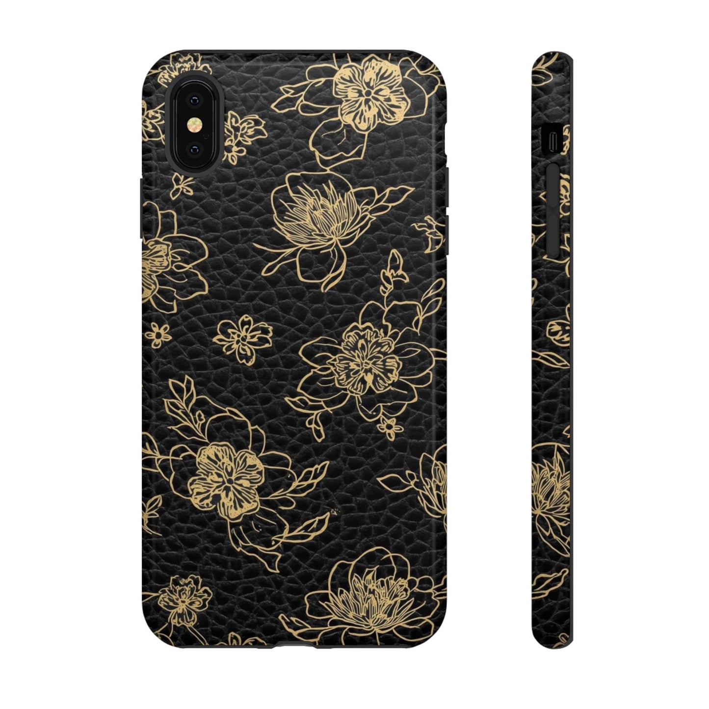 Floral Leather Phone Case — Gold Outline Flowers on Black Tough Case