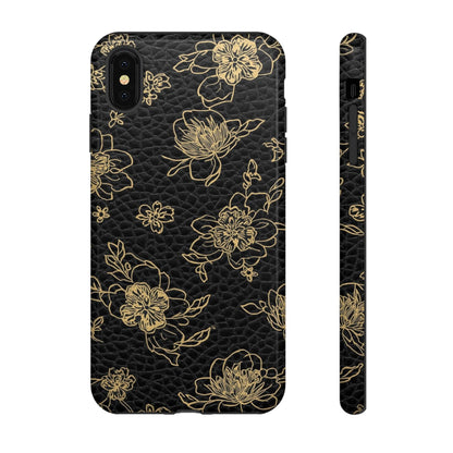 Floral Leather Phone Case — Gold Outline Flowers on Black Tough Case