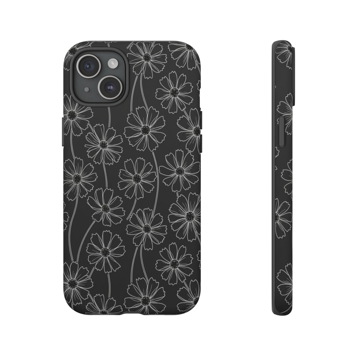 Floral Doodle Tough Phone Case — Black & Gray Daisy Pattern