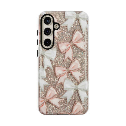 Glitter Bow Tough Phone Case — Pink & White Ribbon Protective Cover