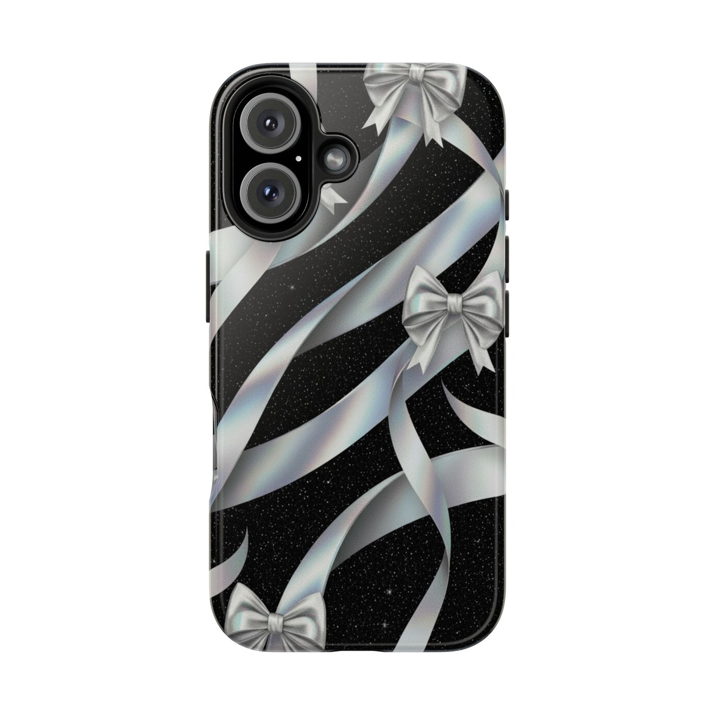 Silver Ribbon Bow Tough Phone Case — Glitter Black Protective Phone Case