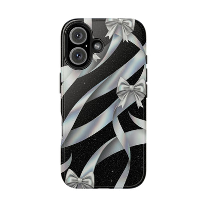 Silver Ribbon Bow Tough Phone Case — Glitter Black Protective Phone Case