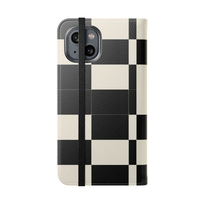Checkered Flip Phone Case – Black & Cream Retro Grid Wallet Case