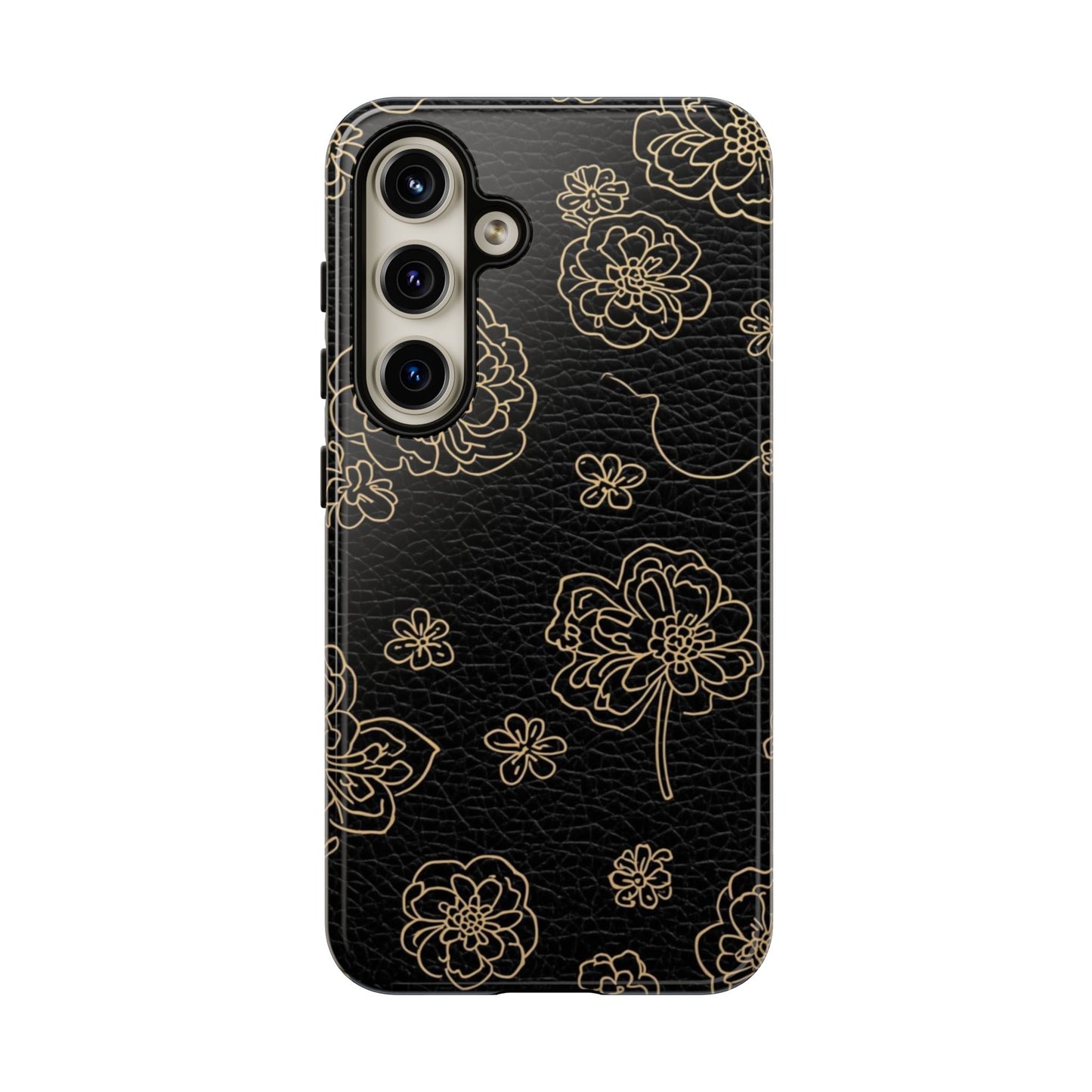 Floral Leather-Texture Tough Case – Black Gold Outline Phone Cover