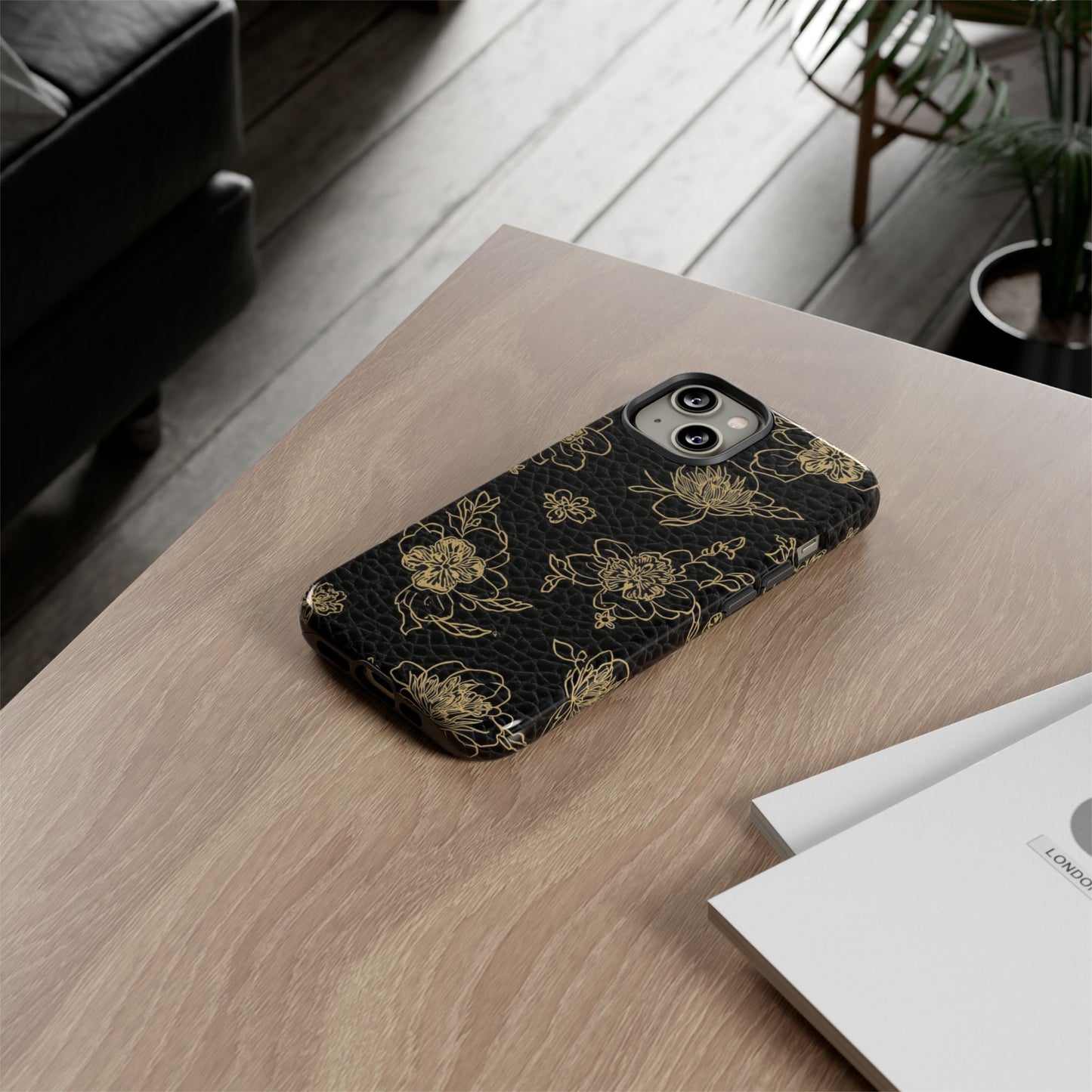 Floral Leather Phone Case — Gold Outline Flowers on Black Tough Case