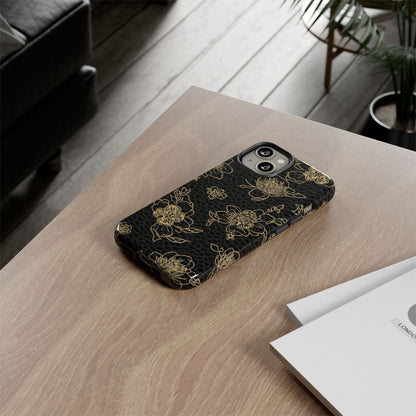 Floral Leather Phone Case — Gold Outline Flowers on Black Tough Case