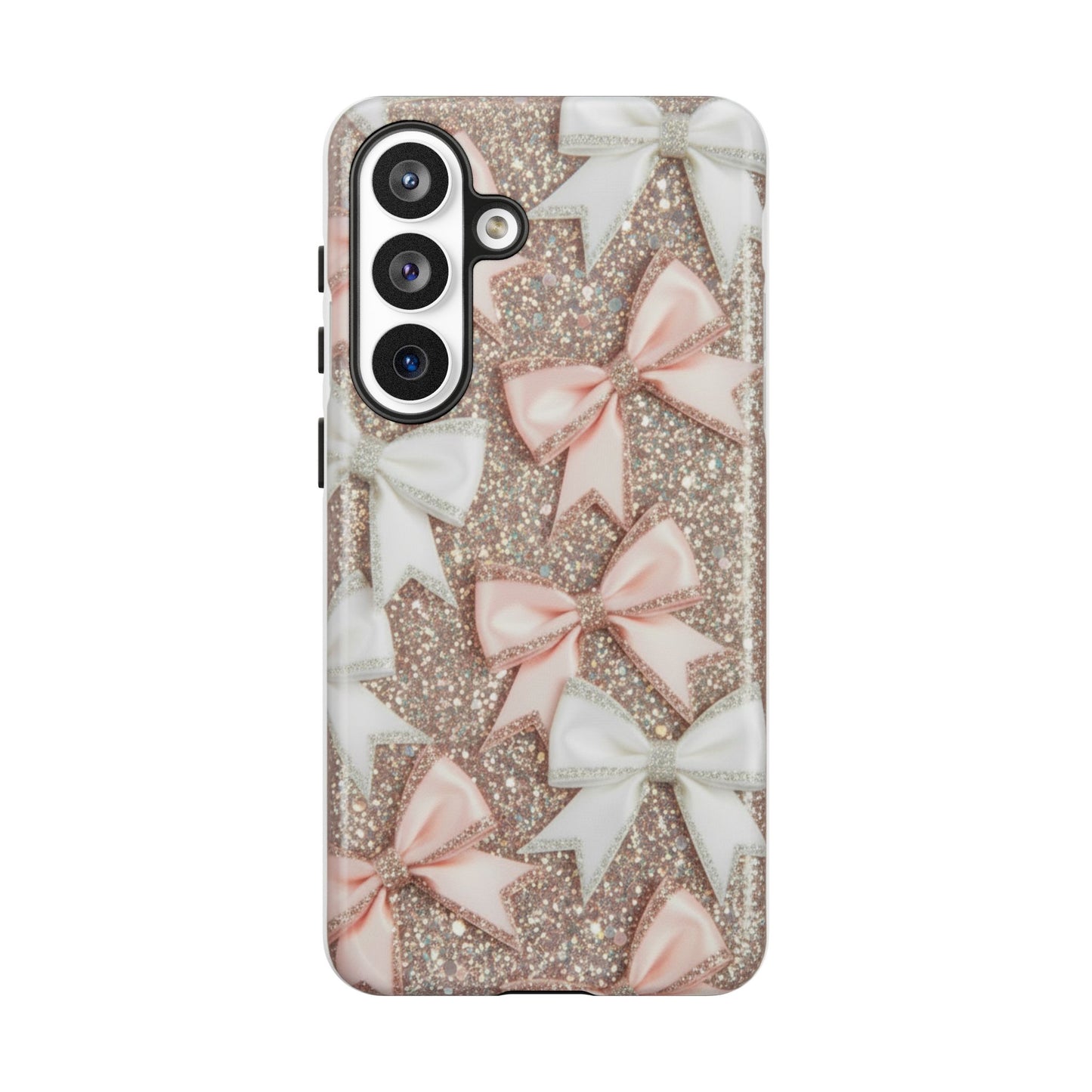Glitter Bow Tough Phone Case — Pink & White Ribbon Protective Cover