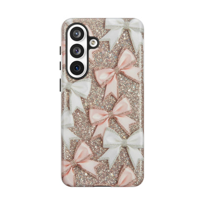 Glitter Bow Tough Phone Case — Pink & White Ribbon Protective Cover