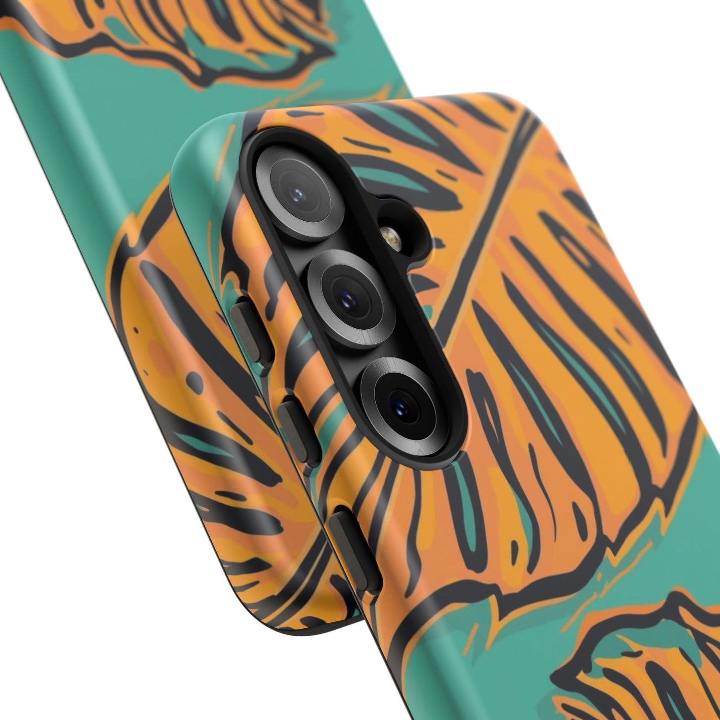 Tropical Leaf Tough Phone Case — Orange Monstera Design on Teal