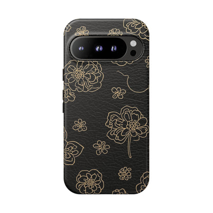 Floral Leather-Texture Tough Case – Black Gold Outline Phone Cover