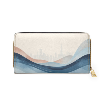 City Skyline Wave Zipper Wallet — Coastal Blue Abstract Travel Wallet