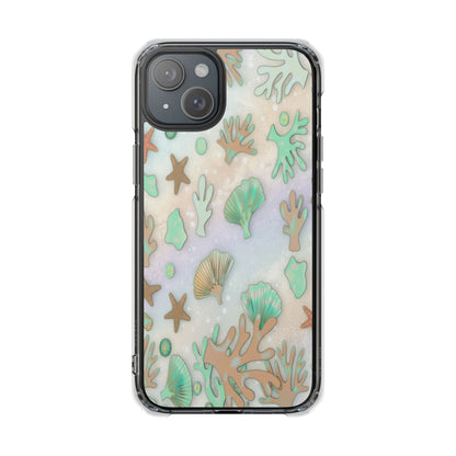 Clear Magnetic Phone Case — Iridescent Ocean Shells & Coral Design