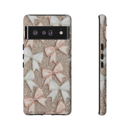 Glitter Bow Tough Phone Case — Pink & White Ribbon Protective Cover