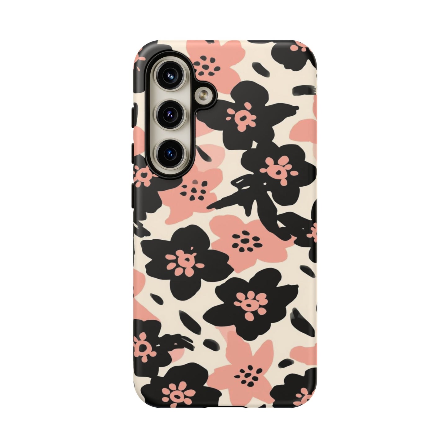 Floral Phone Case — Pink & Black Retro Blossom Protective Cover