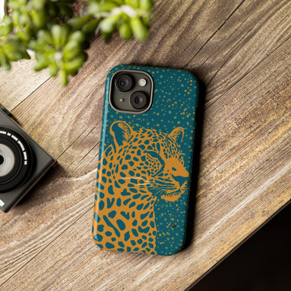 Leopard Print Tough Phone Case — Gold Panther on Teal, Protective iPhone Cover