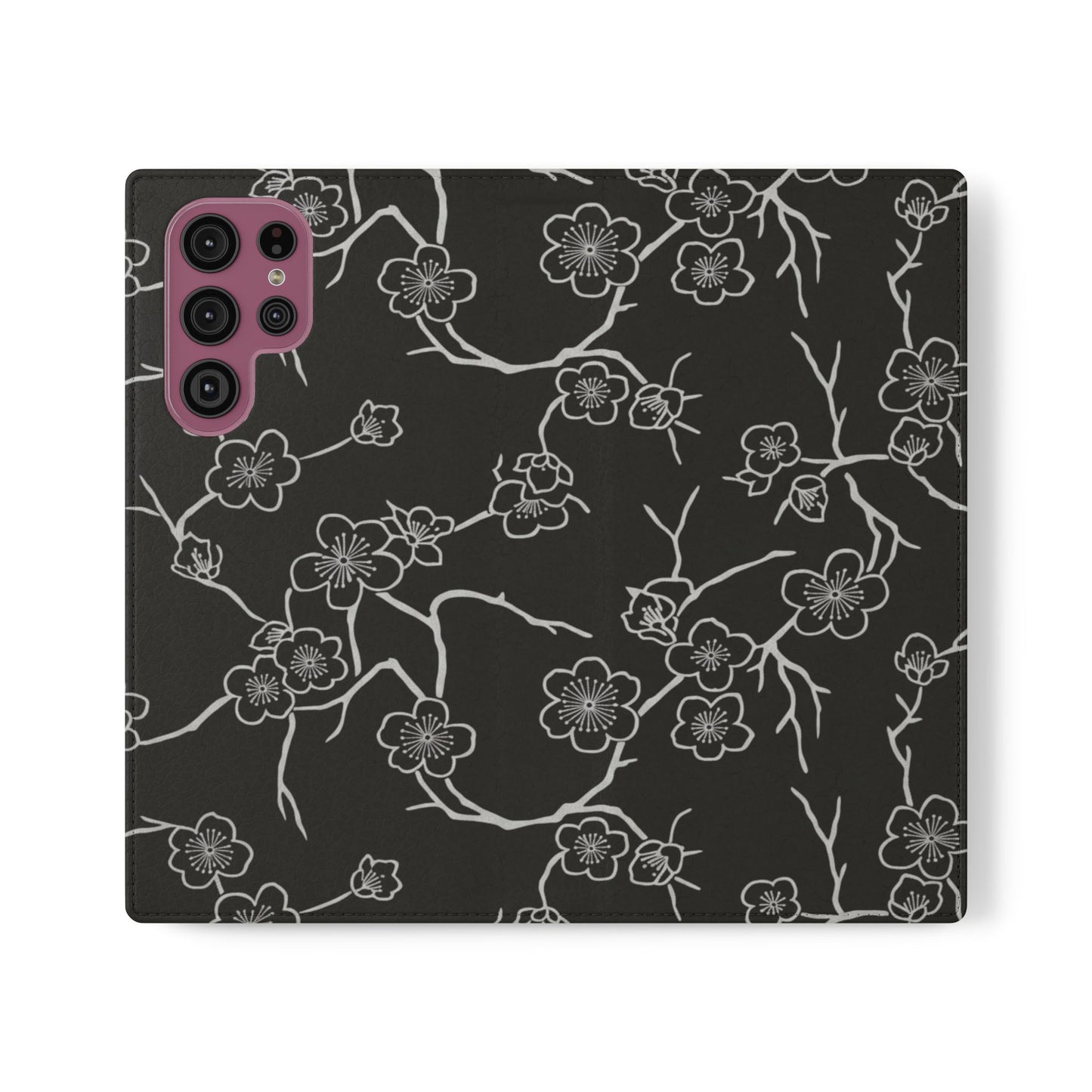 Black Cherry Blossom Flip Phone Case – Floral Wallet Flip Case with Card Slots
