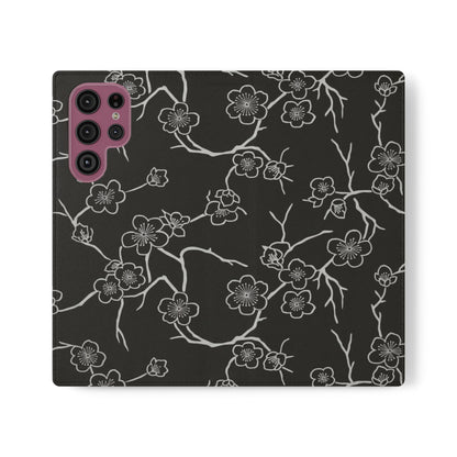 Black Cherry Blossom Flip Phone Case – Floral Wallet Flip Case with Card Slots