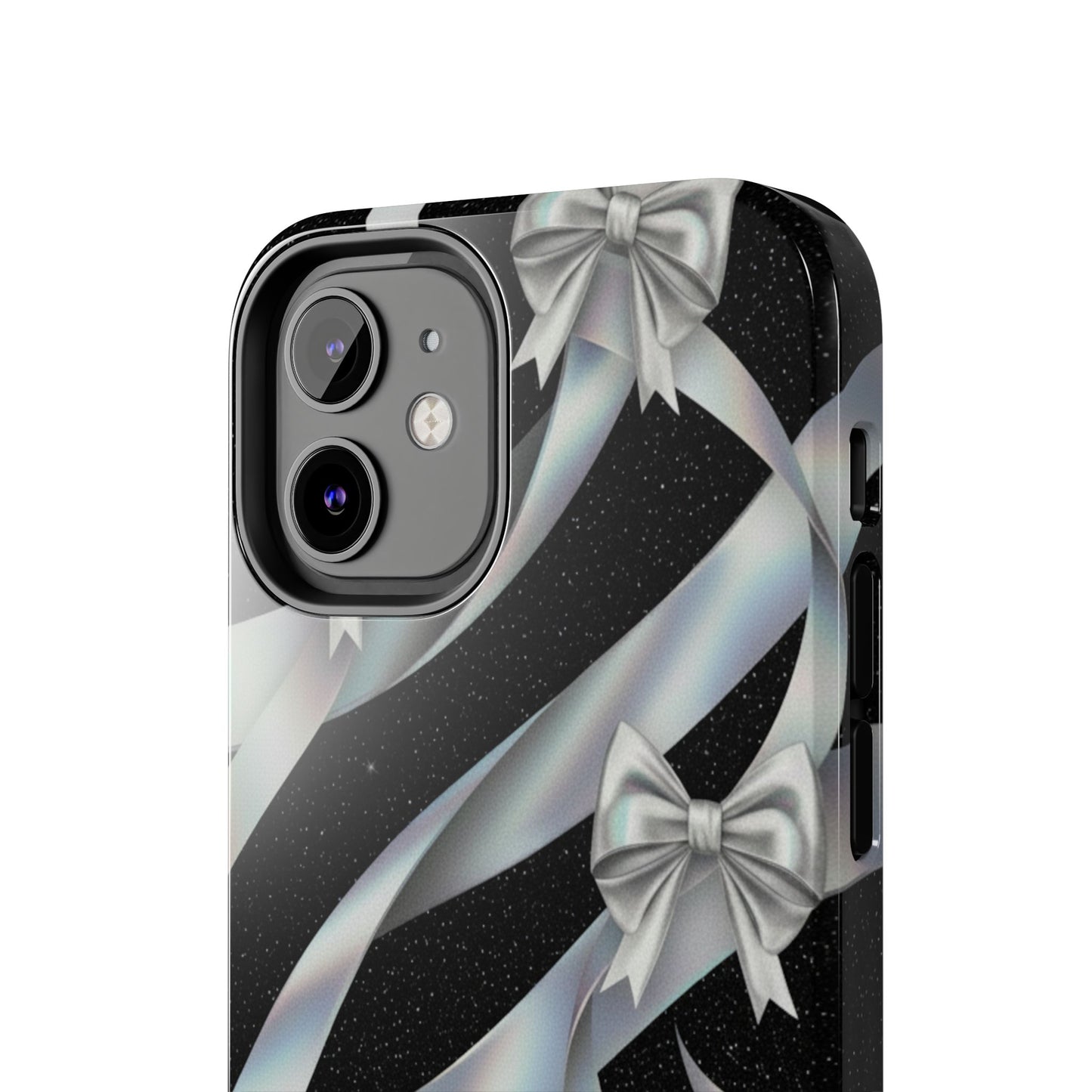 Silver Ribbon Bow Tough Phone Case — Glitter Black Protective Phone Case