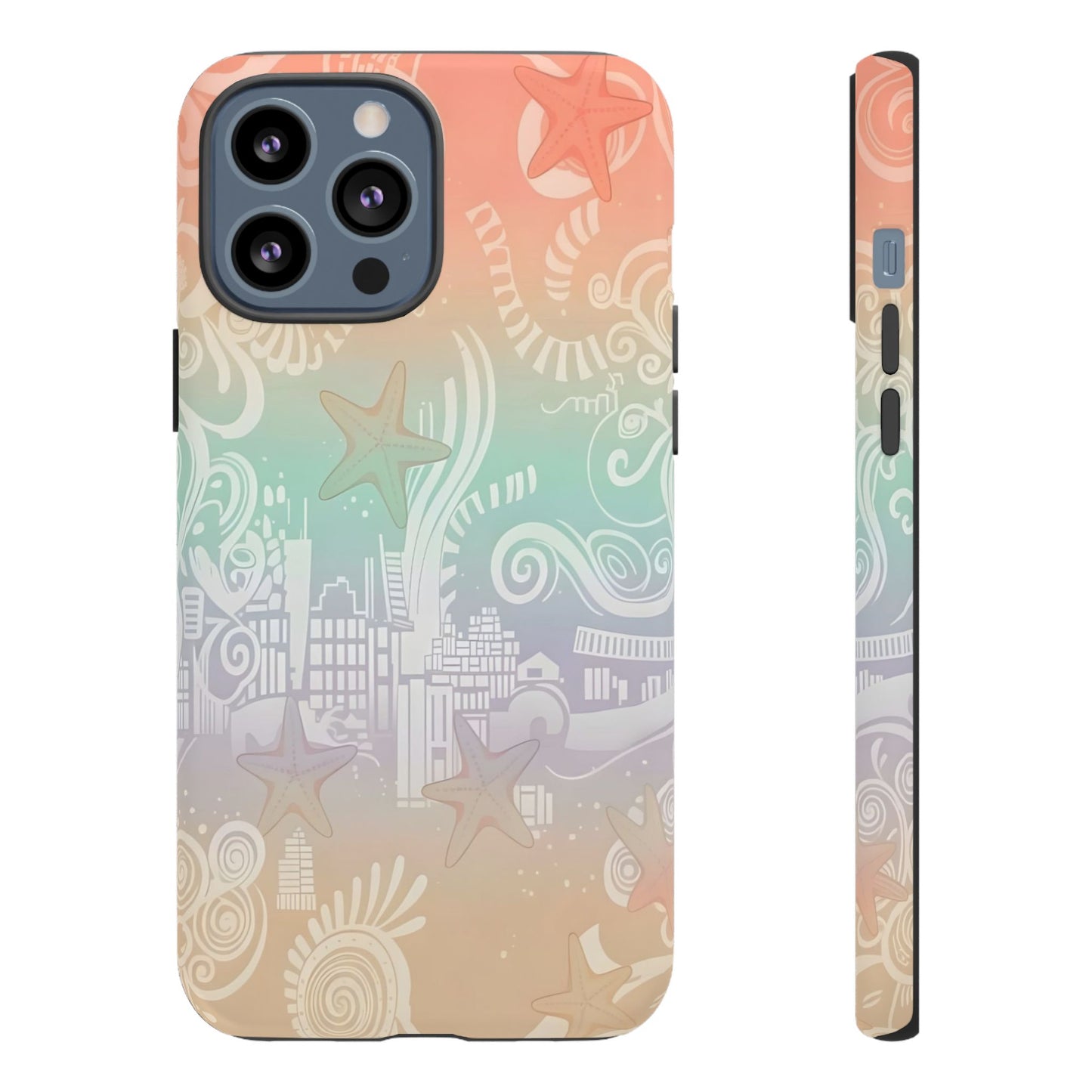 Tough Cases: Pastel Beach Pattern Phone Case — Starfish & Coastal Cityscape Protective Cover