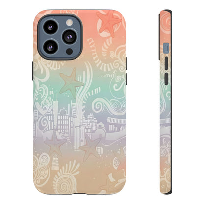 Tough Cases: Pastel Beach Pattern Phone Case — Starfish & Coastal Cityscape Protective Cover