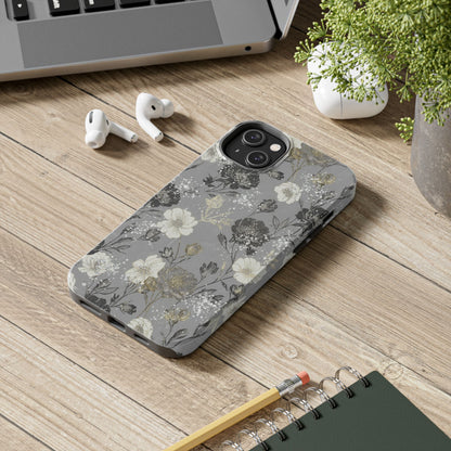 Floral Gray Tough Phone Case — Elegant Protective Phone Cover with Gold Accent