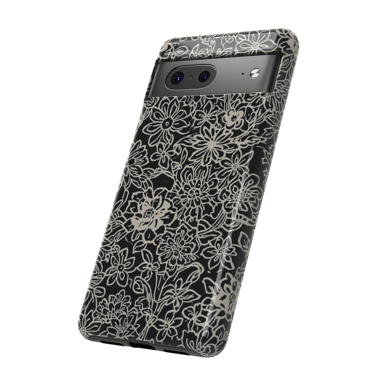 Floral Doodle Tough Phone Case — Black & White Sketch Flower Protective Cover