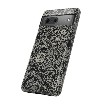 Floral Doodle Tough Phone Case — Black & White Sketch Flower Protective Cover
