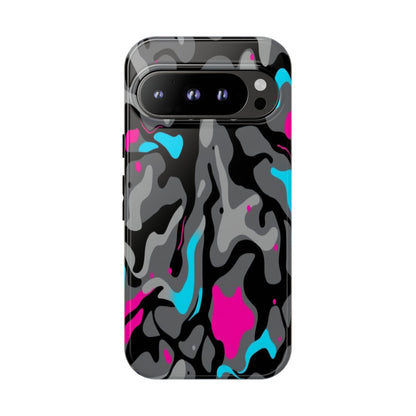 Camouflage Phone Case — Gray Camo with Neon Pink & Cyan Accent Tough Protective Cover