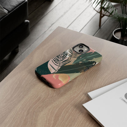 Tropical Leaf Tough Phone Case — Abstract Pink & Green Botanical Protective Cover
