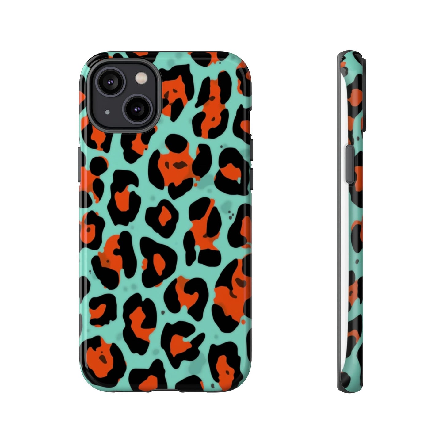 Leopard Print Tough Phone Case — Teal & Rust Protective iPhone Cover