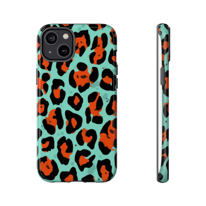 Leopard Print Tough Phone Case — Teal & Rust Protective iPhone Cover