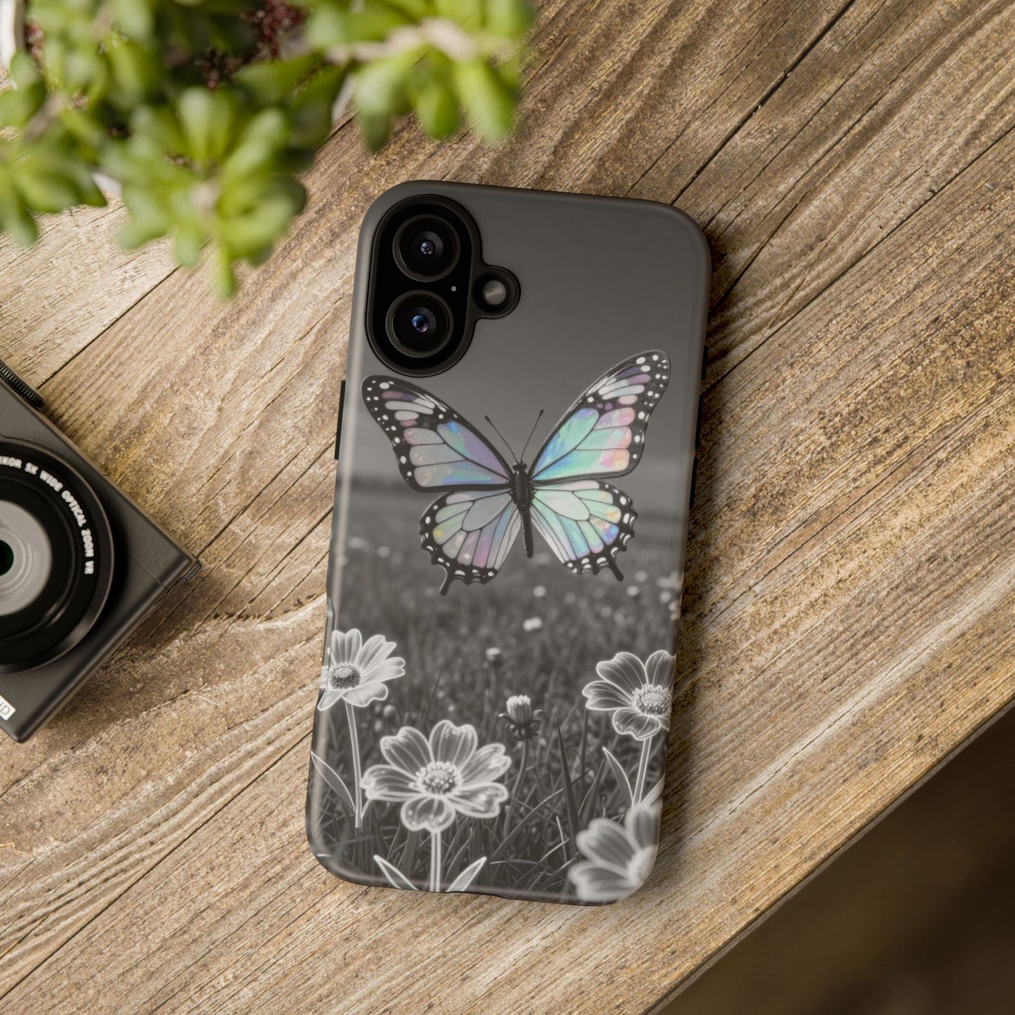 Butterfly Field Tough Phone Case — Pastel Holographic Butterfly on Black & White Floral Background