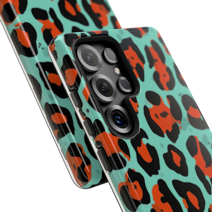 Leopard Print Tough Phone Case — Teal & Rust Protective iPhone Cover