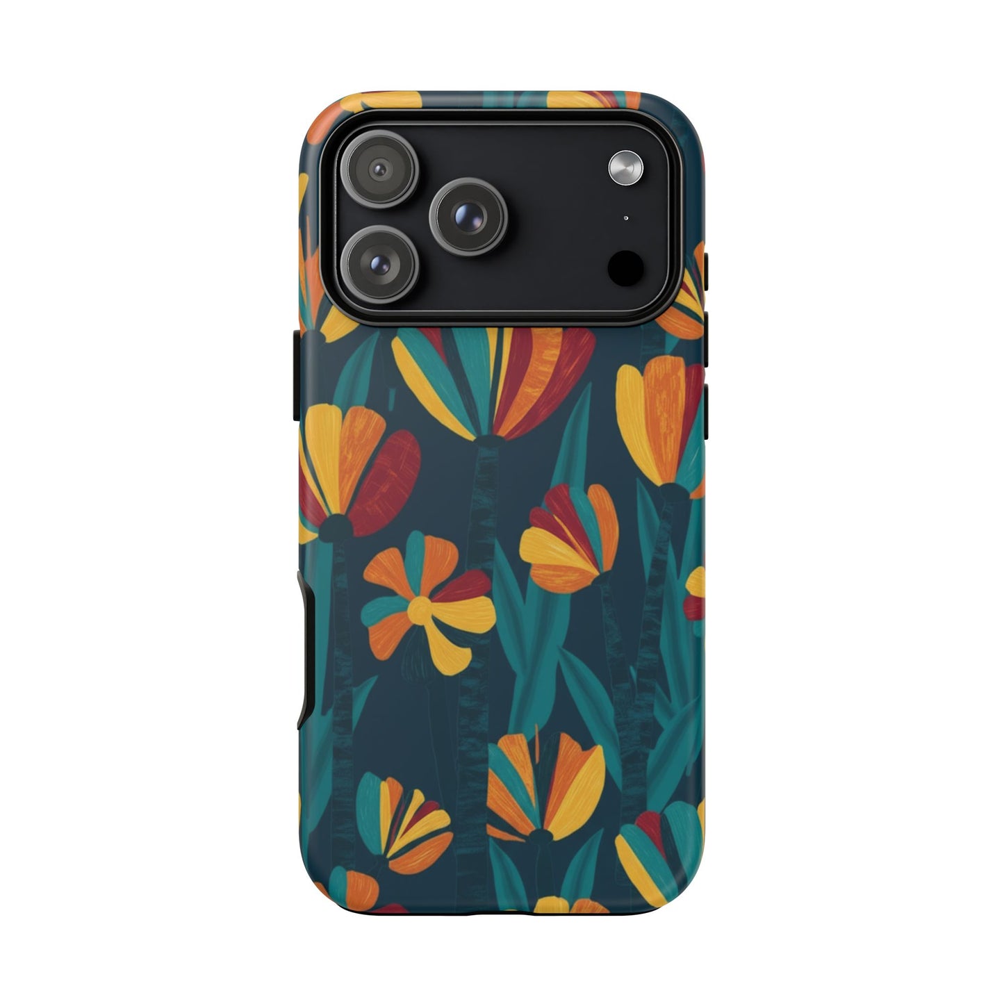 Floral Retro Teal Tough Phone Case — Vibrant Orange & Mustard Blooms