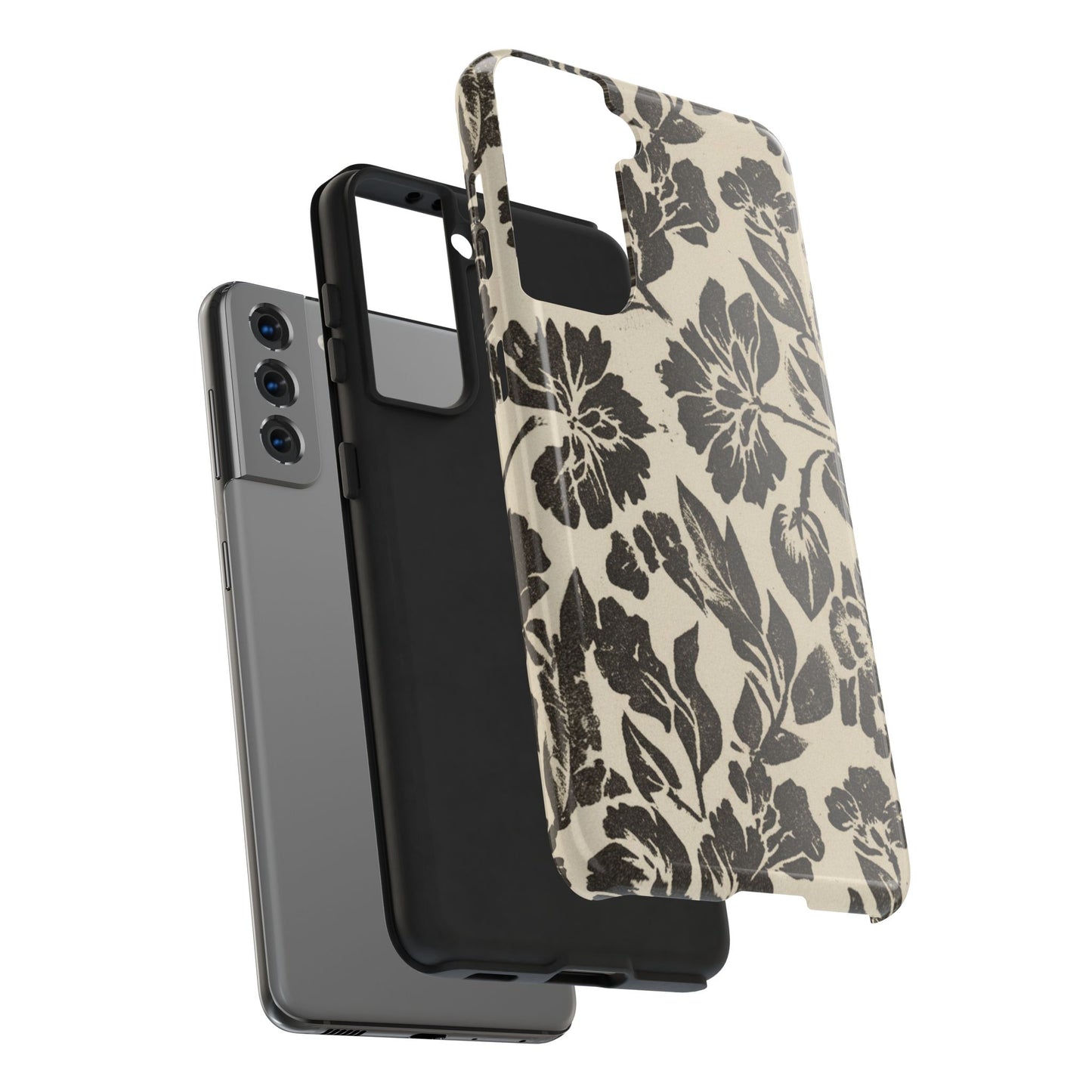 Floral Noir Tough Phone Case — Black Vintage Flower Protective Cover