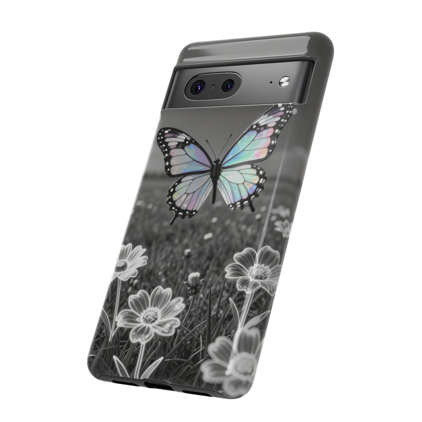 Butterfly Field Tough Phone Case — Pastel Holographic Butterfly on Black & White Floral Background
