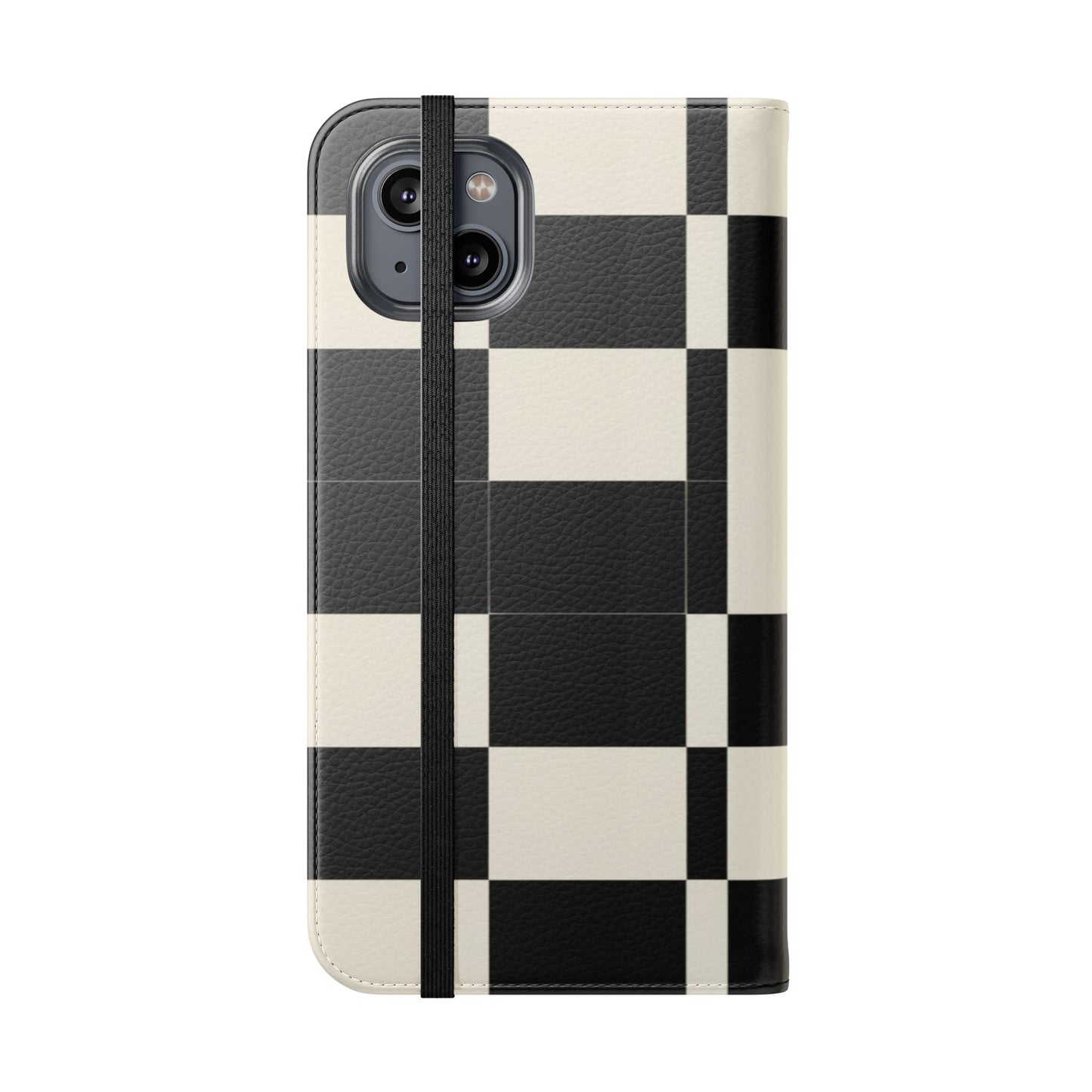 Checkered Flip Phone Case – Black & Cream Retro Grid Wallet Case